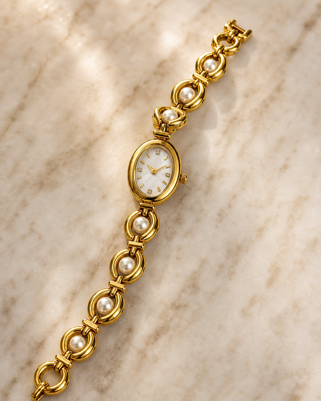Pearl Chain Oval Watch in Gold