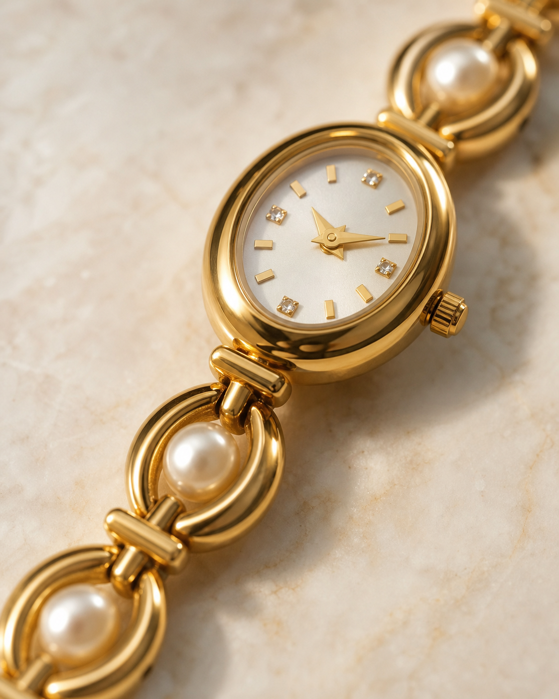 Pearl Chain Oval Watch in Gold