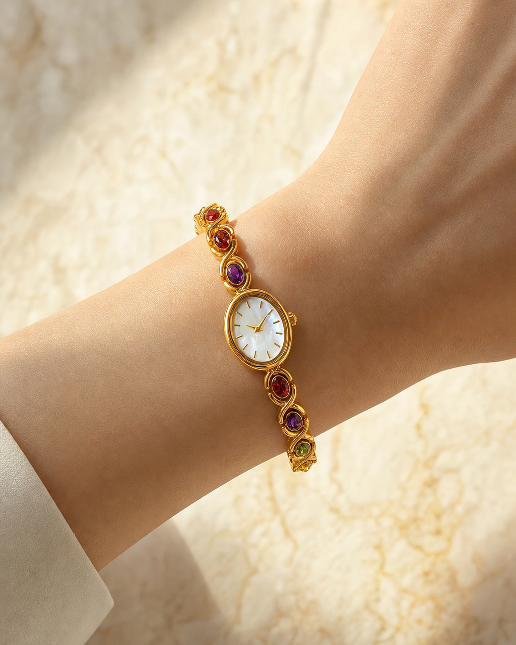 Tourmaline & Mother-of-Pearl Watch in Gold