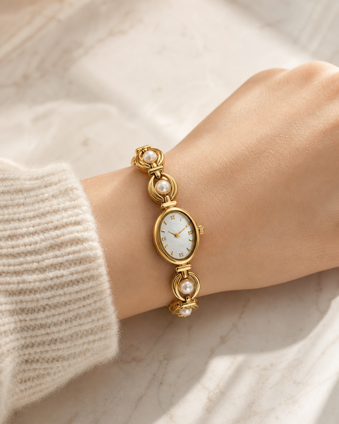 Pearl Chain Oval Watch in Gold
