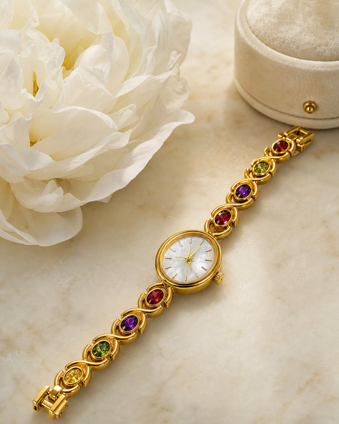 Tourmaline & Mother-of-Pearl Watch in Gold