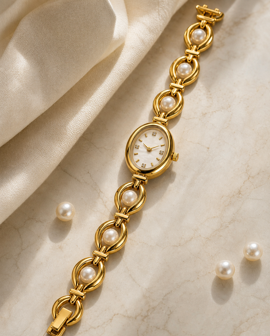Pearl Chain Oval Watch in Gold