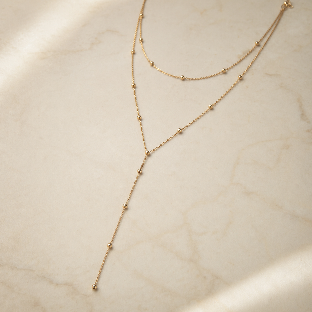 Beaded Y-Drop Necklace in 14k Gold