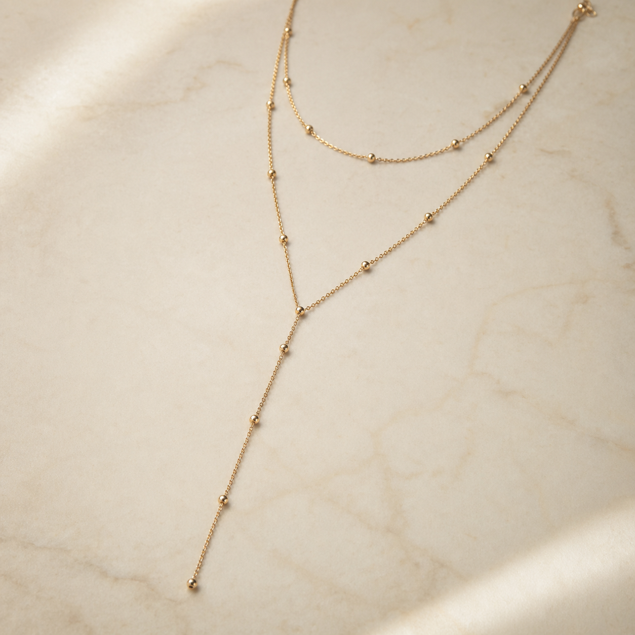 Beaded Y-Drop Necklace in 14k Gold
