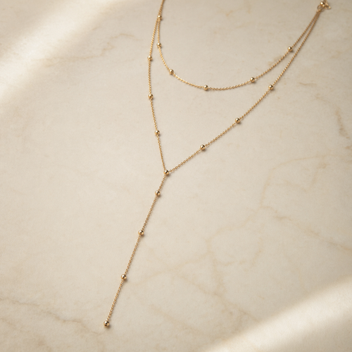 Beaded Y-Drop Necklace in 14k Gold