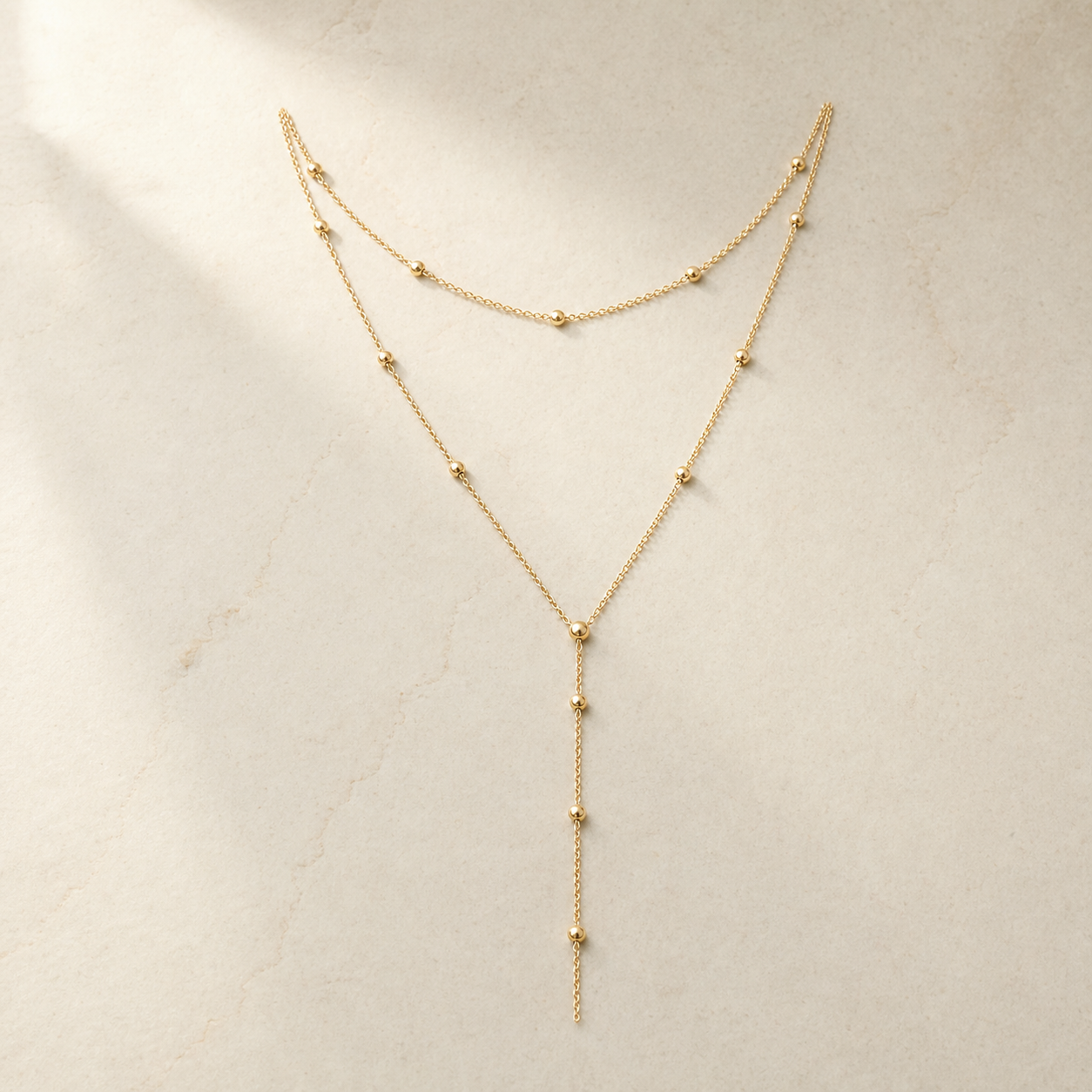 Beaded Y-Drop Necklace in 14k Gold