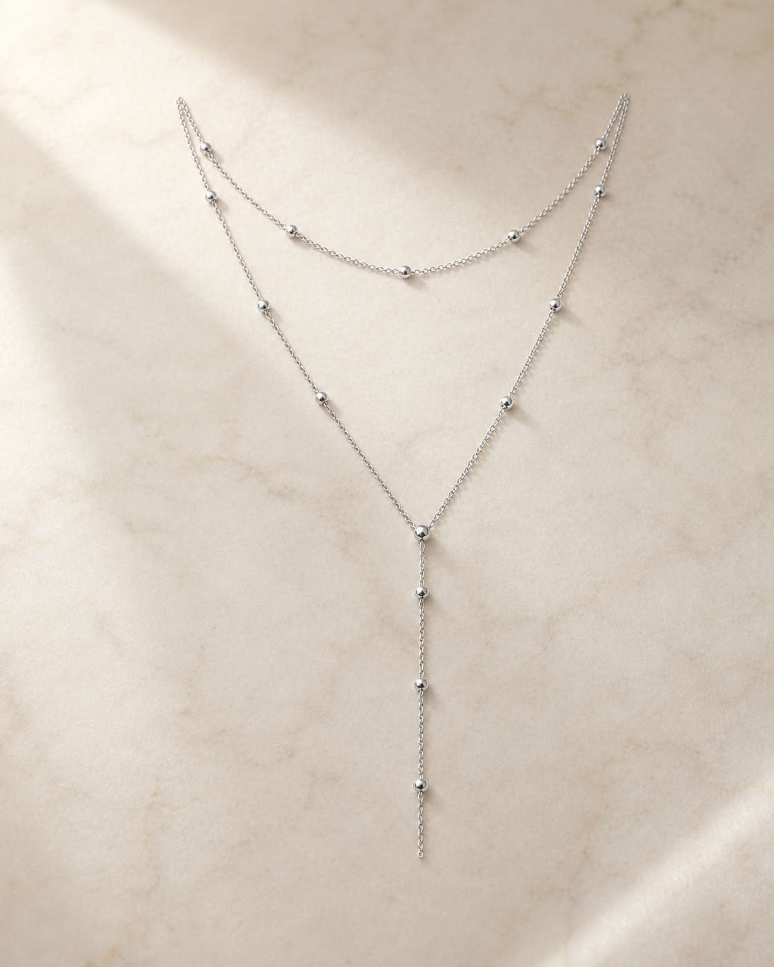 Beaded Y-Drop Necklace in 14k Gold — Silver