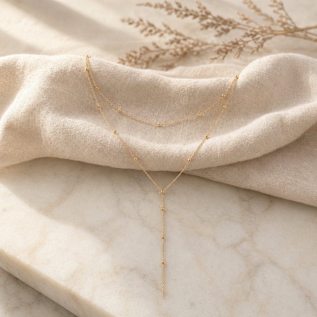 Beaded Y-Drop Necklace in 14k Gold